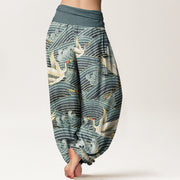 Buddha Stones Casual Crane Ocean Waves Pattern Elastic Waist Women's Harem Pants - image 6