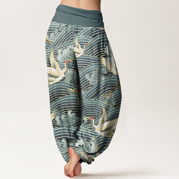 Buddha Stones Casual Crane Ocean Waves Pattern Elastic Waist Women's Harem Pants - image 6