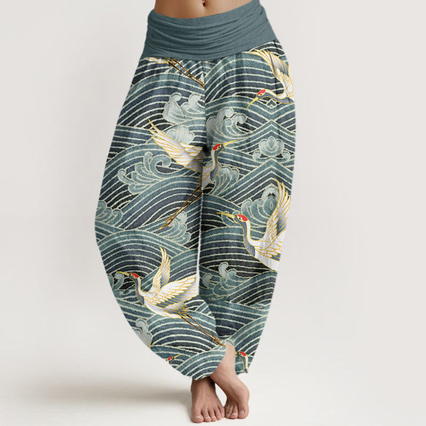 Buddha Stones Casual Crane Ocean Waves Pattern Elastic Waist Women's Harem Pants - CadetBlue - US22，UK/AU26，EU54 (6XL) - image 5
