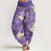 Buddha Stones Casual Crane Ocean Waves Pattern Elastic Waist Women's Harem Pants - DarkOrchid - US22，UK/AU26，EU54 (6XL) - image 8