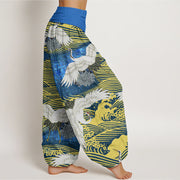 Buddha Stones Casual Crane Ocean Waves Chrysanthemum Pattern Women's Elastic Waist Harem Pants - image 3