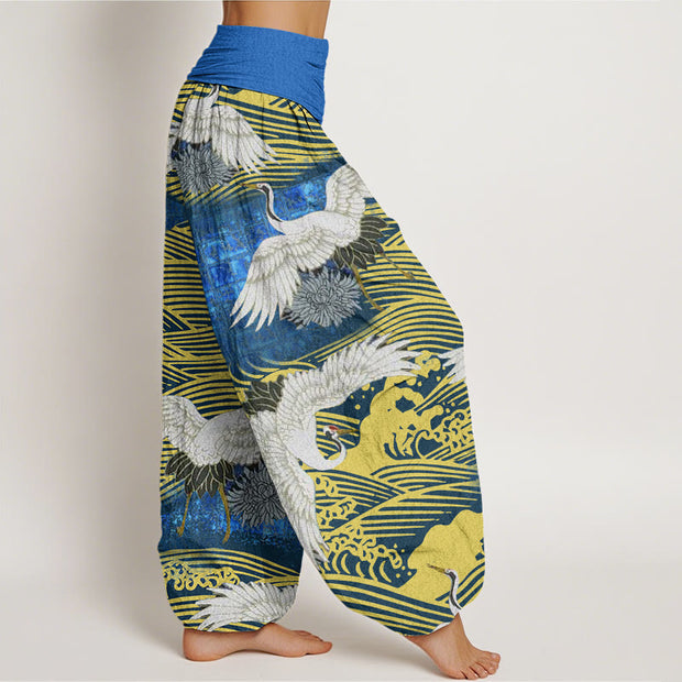 Buddha Stones Casual Crane Ocean Waves Chrysanthemum Pattern Women's Elastic Waist Harem Pants - image 3