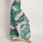 Buddha Stones Casual Crane Ocean Waves Chrysanthemum Pattern Women's Elastic Waist Harem Pants - image 7