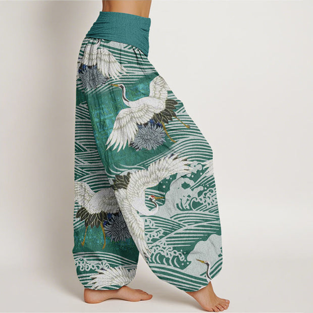Buddha Stones Casual Crane Ocean Waves Chrysanthemum Pattern Women's Elastic Waist Harem Pants - image 7