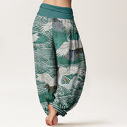 Buddha Stones Casual Crane Ocean Waves Chrysanthemum Pattern Women's Elastic Waist Harem Pants - image 6