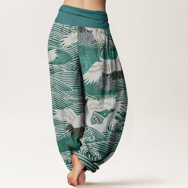 Buddha Stones Casual Crane Ocean Waves Chrysanthemum Pattern Women's Elastic Waist Harem Pants - image 6