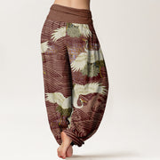 Buddha Stones Casual Crane Ocean Waves Chrysanthemum Pattern Women's Elastic Waist Harem Pants - image 9
