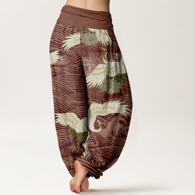 Buddha Stones Casual Crane Ocean Waves Chrysanthemum Pattern Women's Elastic Waist Harem Pants - image 9