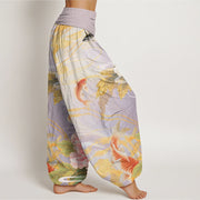 Buddha Stones Casual Peony Koi Fish Golden-Edged Leaves Pattern Women's Elastic Waist Harem Pants - image 3