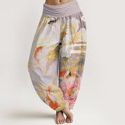 Buddha Stones Casual Peony Koi Fish Golden-Edged Leaves Pattern Women's Elastic Waist Harem Pants - Thistle - US22，UK/AU26，EU54 (6XL) - image 1