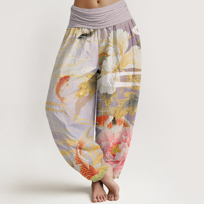 Buddha Stones Casual Peony Koi Fish Golden-Edged Leaves Pattern Women's Elastic Waist Harem Pants - Thistle - US22，UK/AU26，EU54 (6XL) - image 1