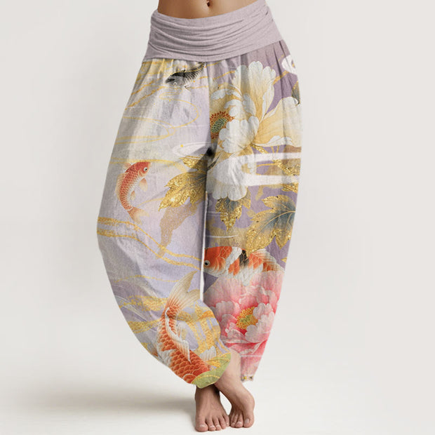 Buddha Stones Casual Peony Koi Fish Golden-Edged Leaves Pattern Women's Elastic Waist Harem Pants - Thistle - US22，UK/AU26，EU54 (6XL) - image 1