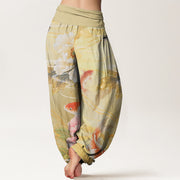 Buddha Stones Casual Peony Koi Fish Golden-Edged Leaves Pattern Women's Elastic Waist Harem Pants - image 6