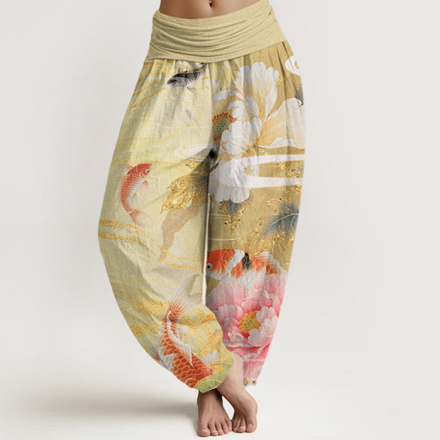 Buddha Stones Casual Peony Koi Fish Golden-Edged Leaves Pattern Women's Elastic Waist Harem Pants - Khaki - US22，UK/AU26，EU54 (6XL) - image 5