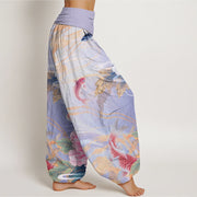Buddha Stones Casual Peony Koi Fish Golden-Edged Leaves Pattern Women's Elastic Waist Harem Pants - image 10