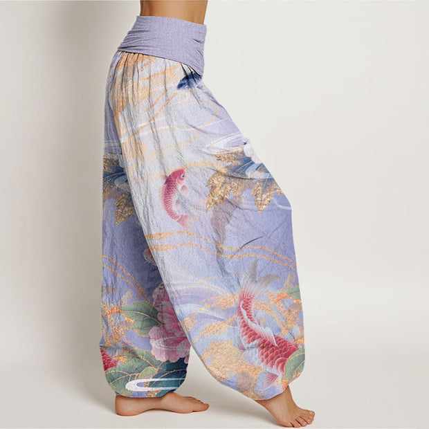 Buddha Stones Casual Peony Koi Fish Golden-Edged Leaves Pattern Women's Elastic Waist Harem Pants - image 10