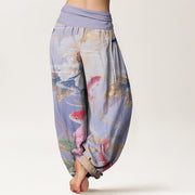 Buddha Stones Casual Peony Koi Fish Golden-Edged Leaves Pattern Women's Elastic Waist Harem Pants - image 9