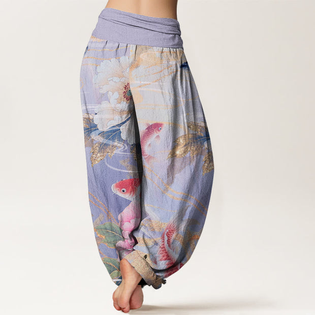 Buddha Stones Casual Peony Koi Fish Golden-Edged Leaves Pattern Women's Elastic Waist Harem Pants - image 9