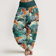 Buddha Stones Casual Koi Fish Ocean Waves Pattern Women's Elastic Waist Harem Pants - Teal - US22，UK/AU26，EU54 (6XL) - image 1