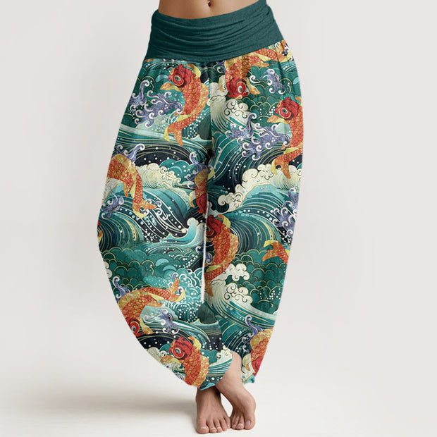 Buddha Stones Casual Koi Fish Ocean Waves Pattern Women's Elastic Waist Harem Pants - Teal - US22，UK/AU26，EU54 (6XL) - image 1
