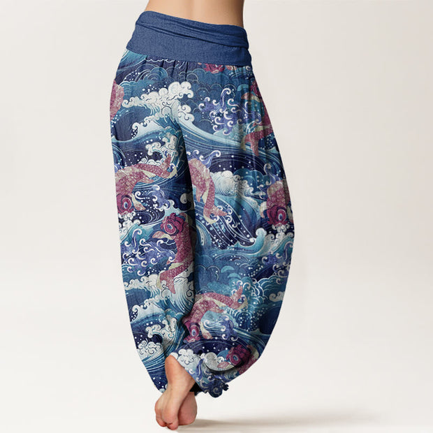 Buddha Stones Casual Koi Fish Ocean Waves Pattern Women's Elastic Waist Harem Pants - image 6