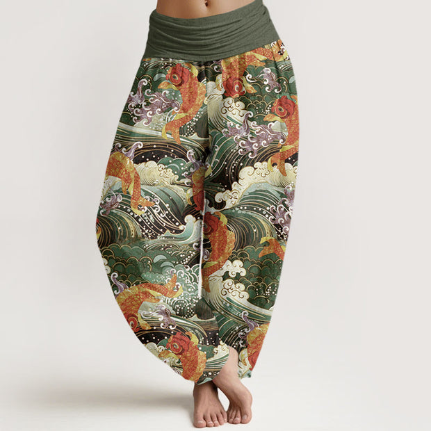 Buddha Stones Casual Koi Fish Ocean Waves Pattern Women's Elastic Waist Harem Pants - OliveDrab - US22，UK/AU26，EU54 (6XL) - image 8