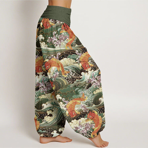 Buddha Stones Casual Koi Fish Ocean Waves Pattern Women's Elastic Waist Harem Pants - image 10
