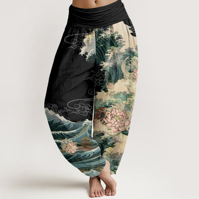 Buddha Stones Casual Blooming Lotuse Wave Pavilion Pattern Women's Elastic Waist Harem Pants - Black - US22，UK/AU26，EU54 (6XL) - image 1