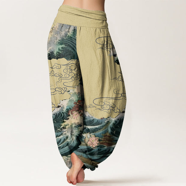 Buddha Stones Casual Blooming Lotuse Wave Pavilion Pattern Women's Elastic Waist Harem Pants - image 6