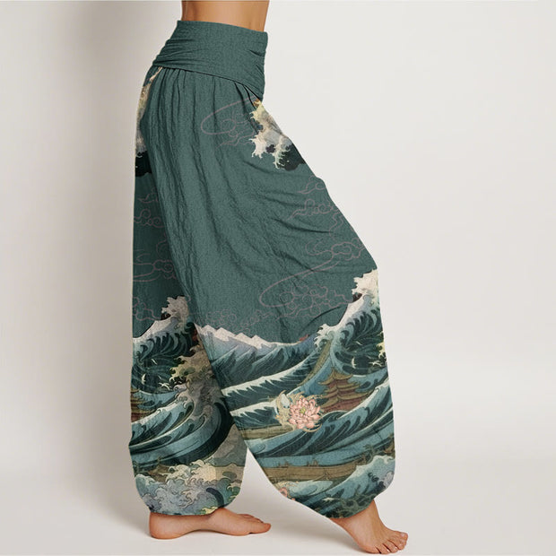 Buddha Stones Casual Blooming Lotuse Wave Pavilion Pattern Women's Elastic Waist Harem Pants - image 10