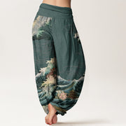 Buddha Stones Casual Blooming Lotuse Wave Pavilion Pattern Women's Elastic Waist Harem Pants - image 9