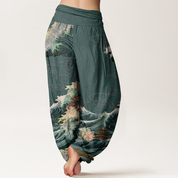 Buddha Stones Casual Blooming Lotuse Wave Pavilion Pattern Women's Elastic Waist Harem Pants - image 9