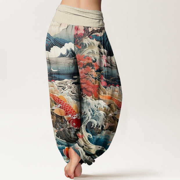 Buddha Stones Casual Blossoming Tree Koi Fish Wave Mountain Pattern Women's Elastic Waist Harem Pants - image 2