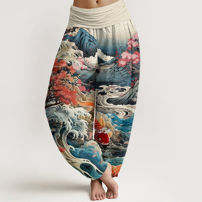 Buddha Stones Casual Blossoming Tree Koi Fish Wave Mountain Pattern Women's Elastic Waist Harem Pants - Beige - US22，UK/AU26，EU54 (6XL) - image 1