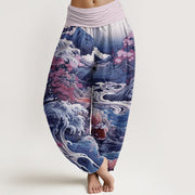 Buddha Stones Casual Blossoming Tree Koi Fish Wave Mountain Pattern Women's Elastic Waist Harem Pants - Plum - US22，UK/AU26，EU54 (6XL) - image 5