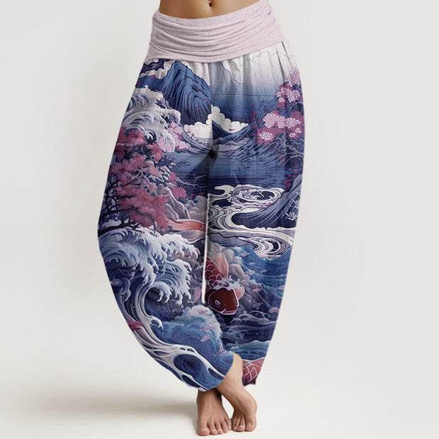 Buddha Stones Casual Blossoming Tree Koi Fish Wave Mountain Pattern Women's Elastic Waist Harem Pants - Plum - US22，UK/AU26，EU54 (6XL) - image 5