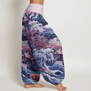 Buddha Stones Casual Blossoming Tree Koi Fish Wave Mountain Pattern Women's Elastic Waist Harem Pants - image 7