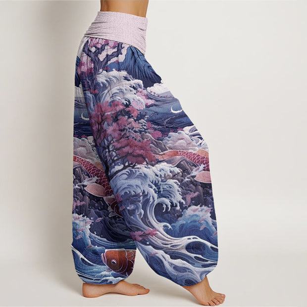 Buddha Stones Casual Blossoming Tree Koi Fish Wave Mountain Pattern Women's Elastic Waist Harem Pants - image 7