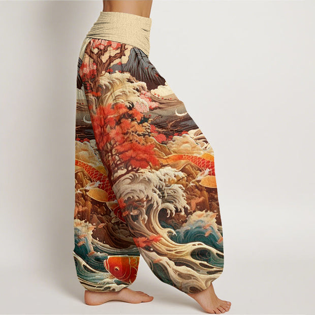Buddha Stones Casual Blossoming Tree Koi Fish Wave Mountain Pattern Women's Elastic Waist Harem Pants - image 10