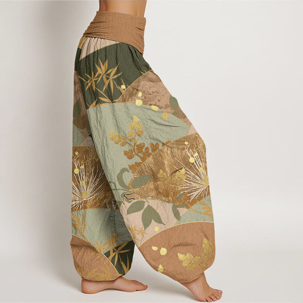 Buddha Stones Semicircle Leaves Pattern Women's Elastic Waist Harem Pants