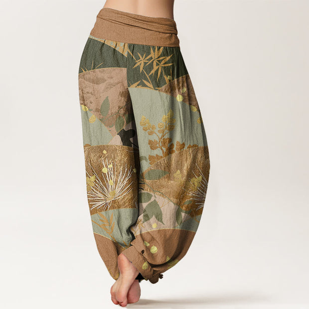 Buddha Stones Semicircle Leaves Pattern Women's Elastic Waist Harem Pants