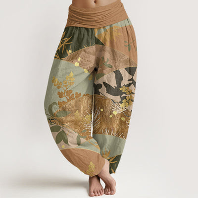 Buddha Stones Semicircle Leaves Pattern Women's Elastic Waist Harem Pants