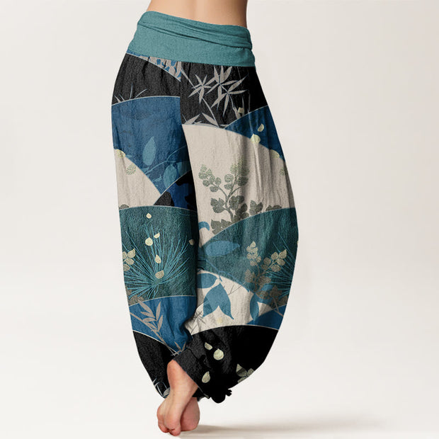 Buddha Stones Semicircle Leaves Pattern Women's Elastic Waist Harem Pants