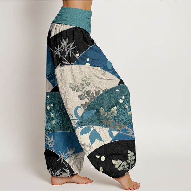 Buddha Stones Semicircle Leaves Pattern Women's Elastic Waist Harem Pants