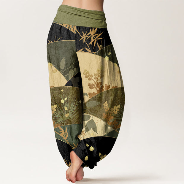 Buddha Stones Semicircle Leaves Pattern Women's Elastic Waist Harem Pants