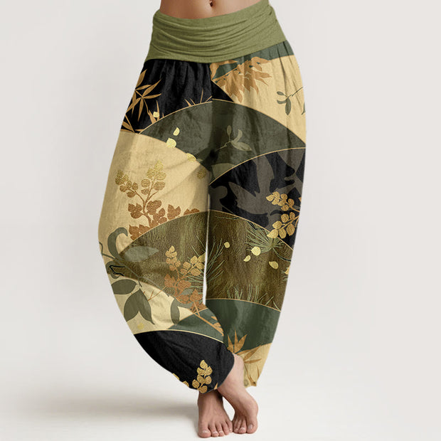 Buddha Stones Semicircle Leaves Pattern Women's Elastic Waist Harem Pants