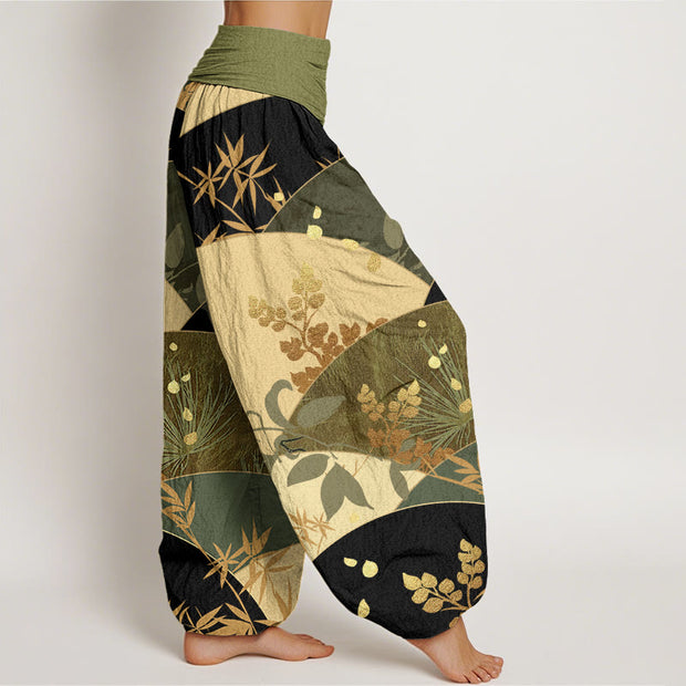 Buddha Stones Semicircle Leaves Pattern Women's Elastic Waist Harem Pants