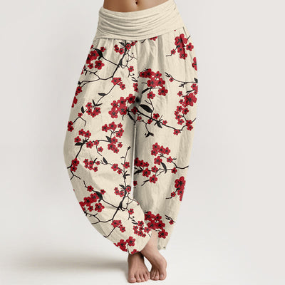Buddha Stones Red Peach Blossom Pattern Women's Elastic Waist Harem Pants