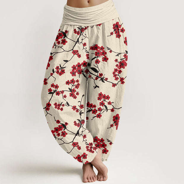 Buddha Stones Red Peach Blossom Pattern Women's Elastic Waist Harem Pants
