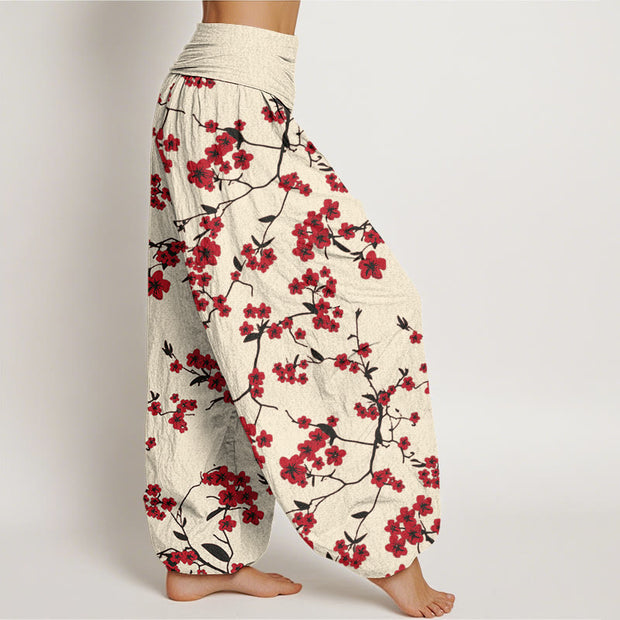 Buddha Stones Red Peach Blossom Pattern Women's Elastic Waist Harem Pants